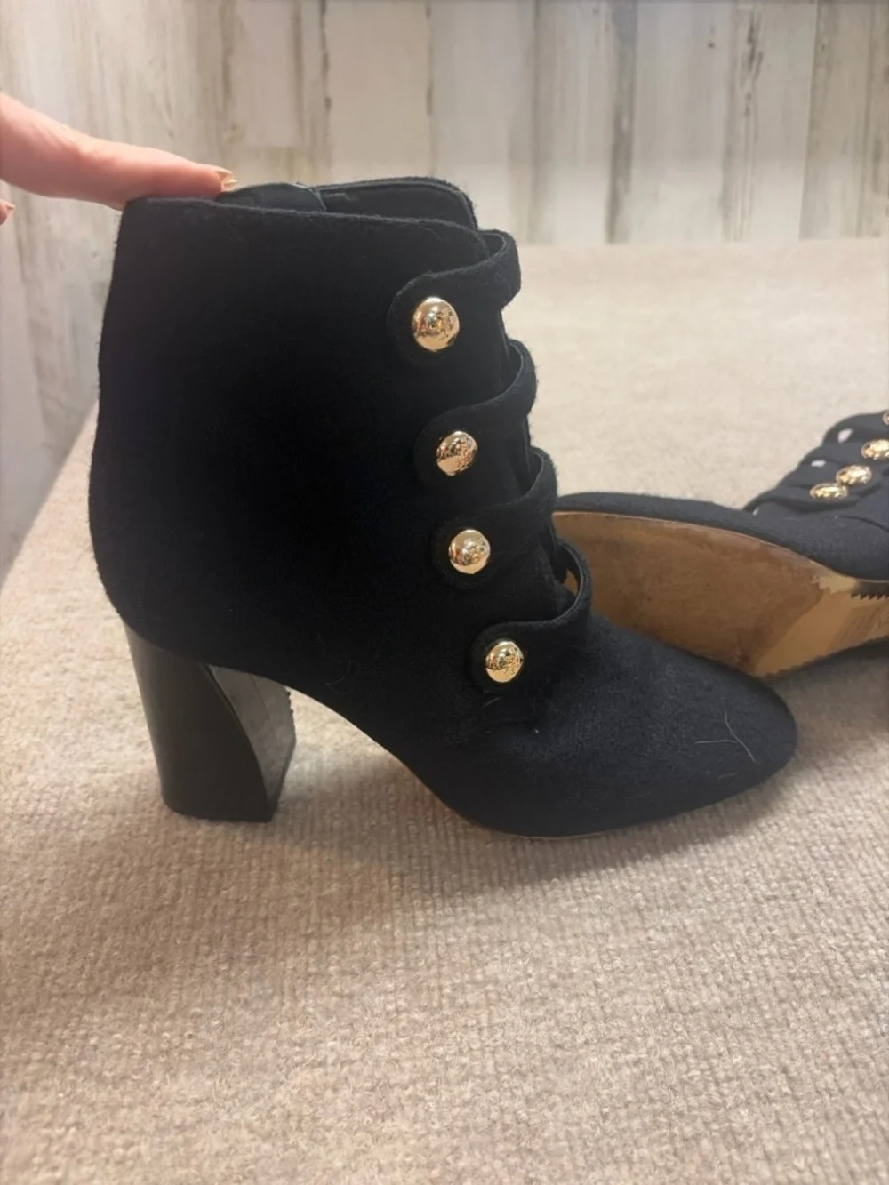 Tory Burch Marisa Boots Black Wool Felt Button Detail Patent Heel Women’s 9M